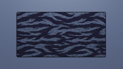 Full view of the Ocean Tiger Camo Deskmat showing deep blue tiger stripe camouflage with hemmed edges.