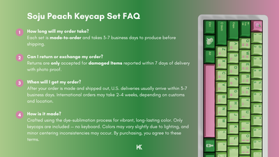 FAQ and disclaimer infographic for the Peach Soju Keycap Set outlining information about how the keycaps are made, estimated production time, delivery schedule, and returns or exchange policy.