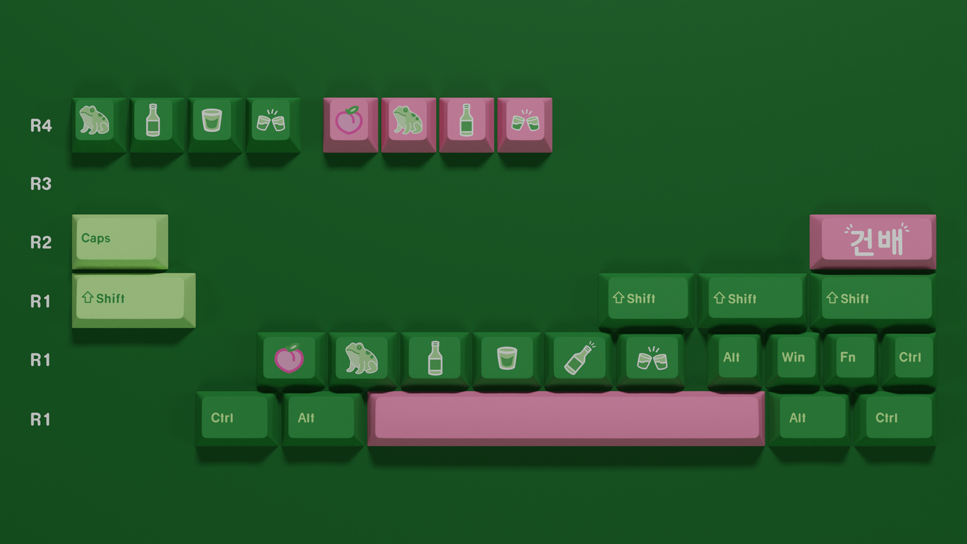 Close-up of the Peach Soju Keycap Set novelties and extra keys, highlighting dye-sublimated legends and smooth matte texture.