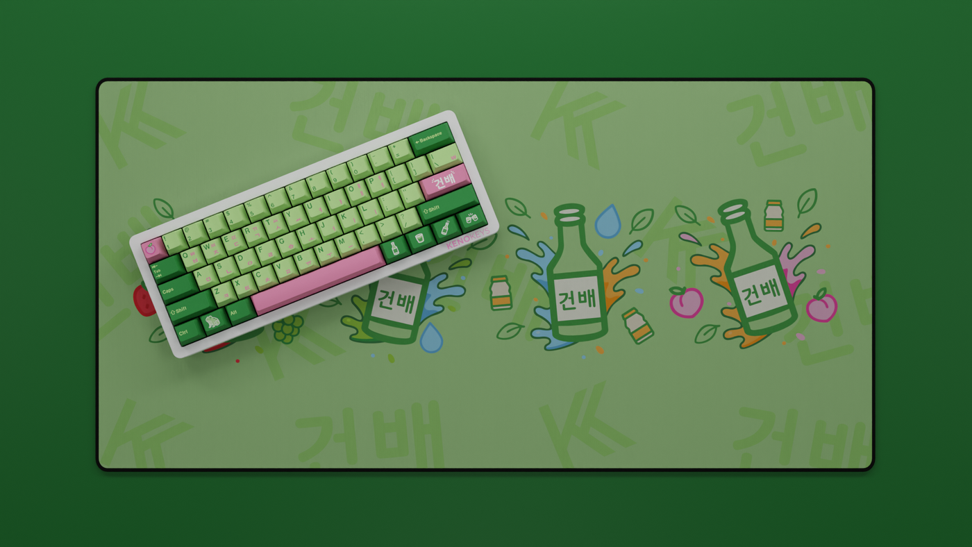 Peach Soju Keycap Set displayed with the full Soju deskmat, featuring soft pink Cherry profile PBT keycaps and a coordinated themed deskmat for a cohesive, aesthetic keyboard setup.
