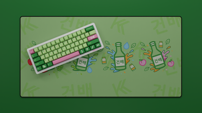 Peach Soju Keycap Set displayed with the full Soju deskmat, featuring soft pink Cherry profile PBT keycaps and a coordinated themed deskmat for a cohesive, aesthetic keyboard setup.