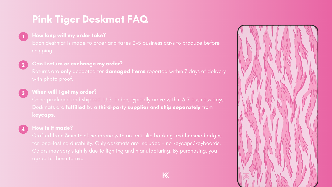 Pink Tiger Camo Deskmat FAQ graphic detailing production times, fulfillment process, return and exchange policies, and manufacturing details.