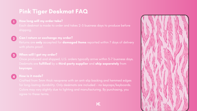 Pink Tiger Camo Deskmat FAQ graphic detailing production times, fulfillment process, return and exchange policies, and manufacturing details.