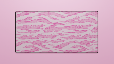 Full view of the Pink Tiger Camo Deskmat showing pink and black tiger stripe camouflage with hemmed edges.