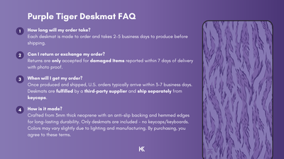 Purple Tiger Camo Deskmat FAQ graphic detailing production times, fulfillment process, return and exchange policies, and manufacturing details.