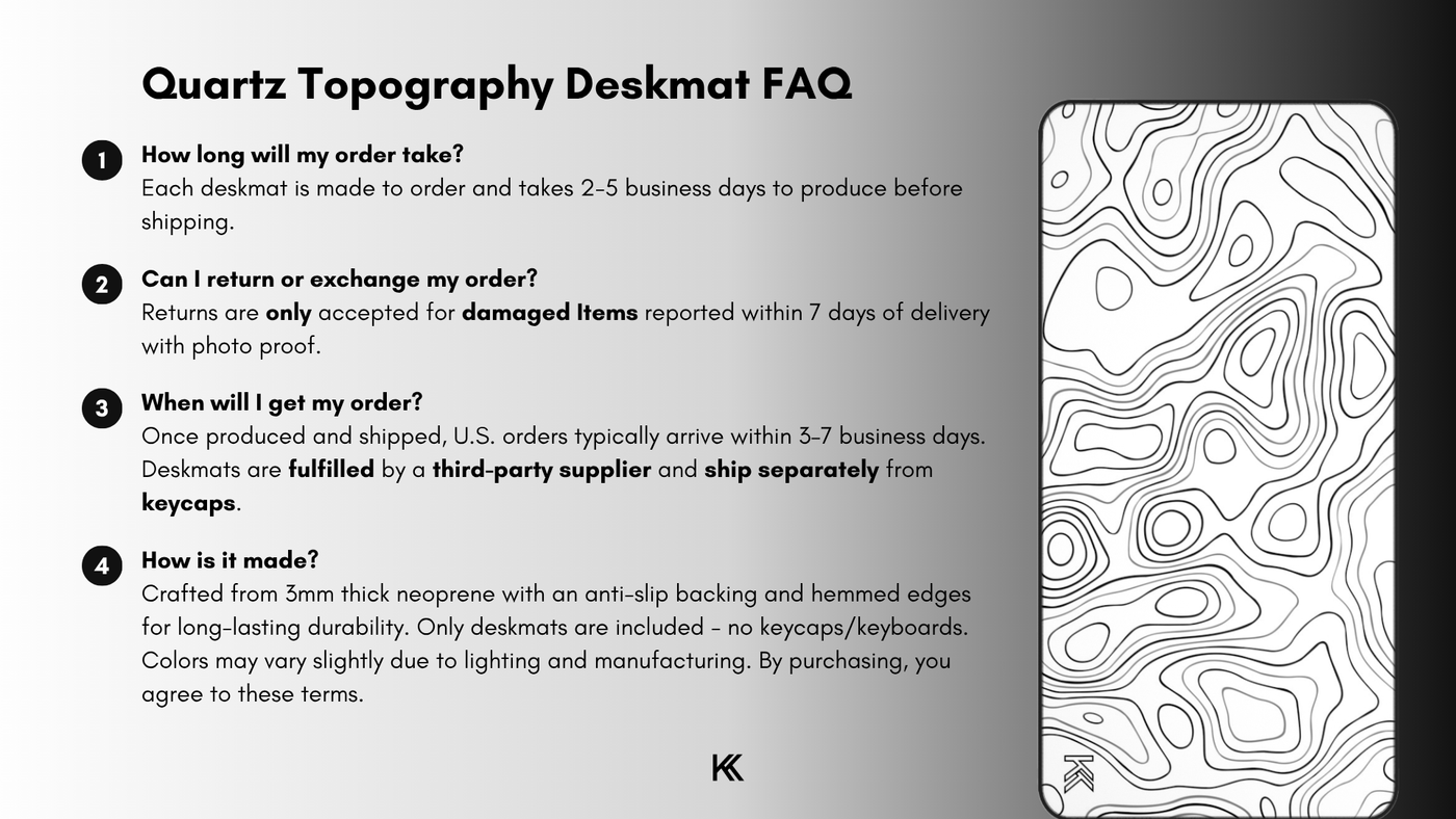 Quartz Topography Deskmat FAQ graphic detailing production times, fulfillment process, return and exchange policy, and how each deskmat is made.