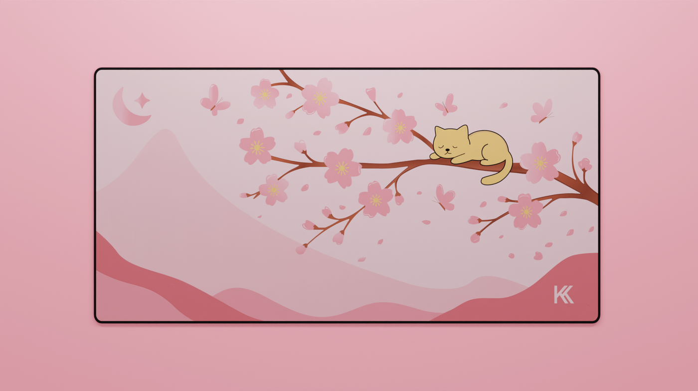 Pink Sakura Cat Deskmat – Cherry Blossom Dreams Desk Mat