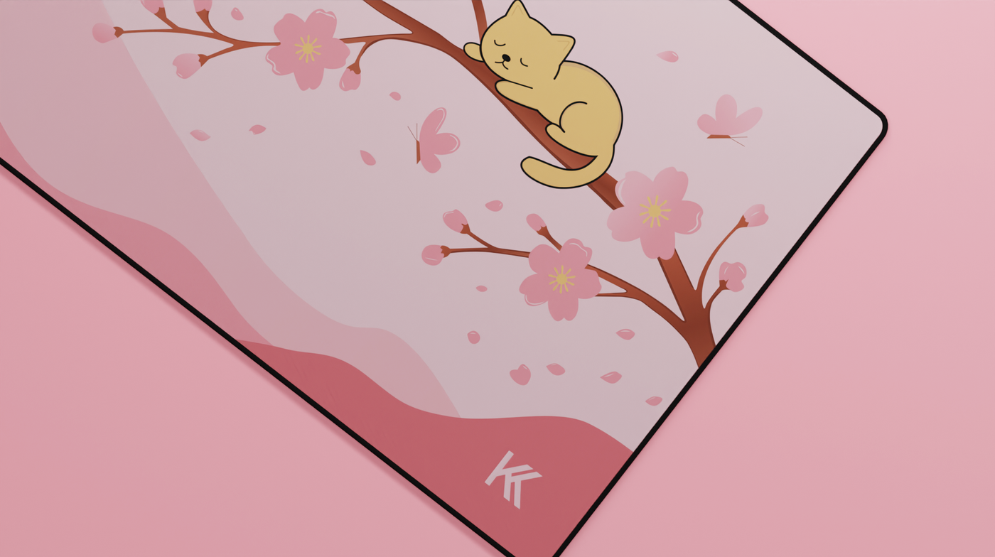 Pink Sakura Cat Deskmat – Cherry Blossom Dreams Desk Mat