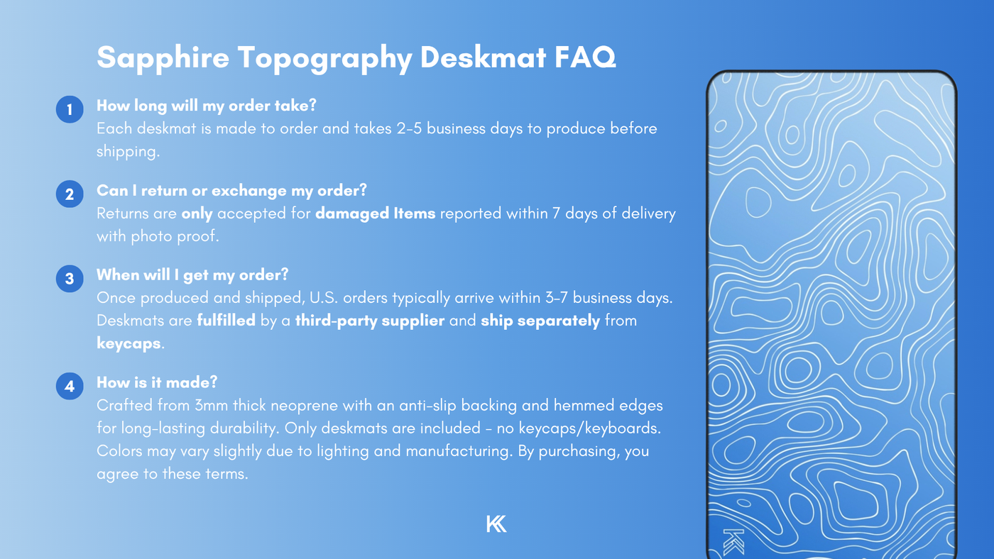 Sapphire Topography Deskmat FAQ graphic detailing production time, fulfillment process, return and exchange policies, and how each deskmat is made.