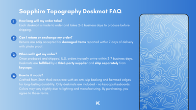 Sapphire Topography Deskmat FAQ graphic detailing production time, fulfillment process, return and exchange policies, and how each deskmat is made.