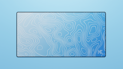 Full view of the Sapphire Topography Deskmat featuring a smooth light-to-dark blue gradient with white contour lines and black stitched edges.