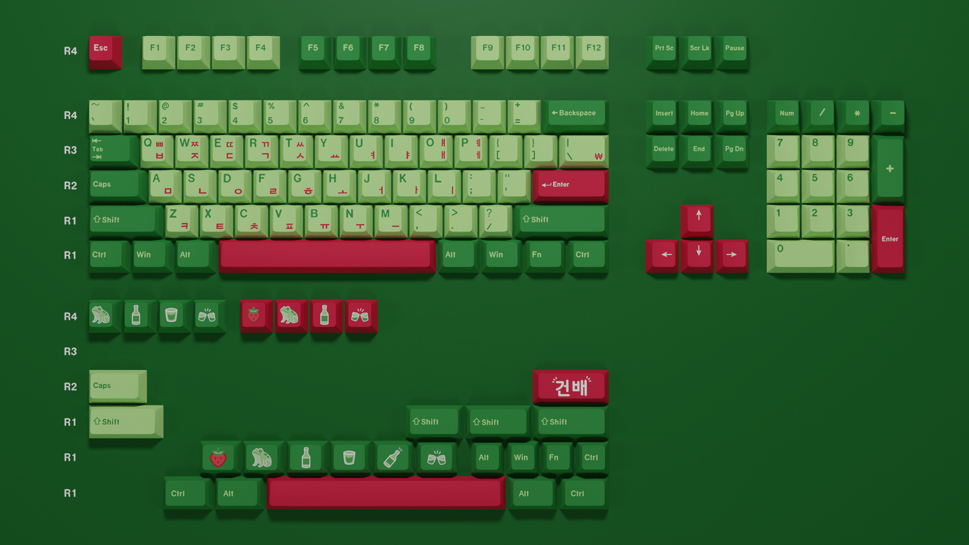 Full 100% layout of the Strawberry Soju Keycap Set featuring bold red keycaps in Cherry profile on a mechanical keyboard.