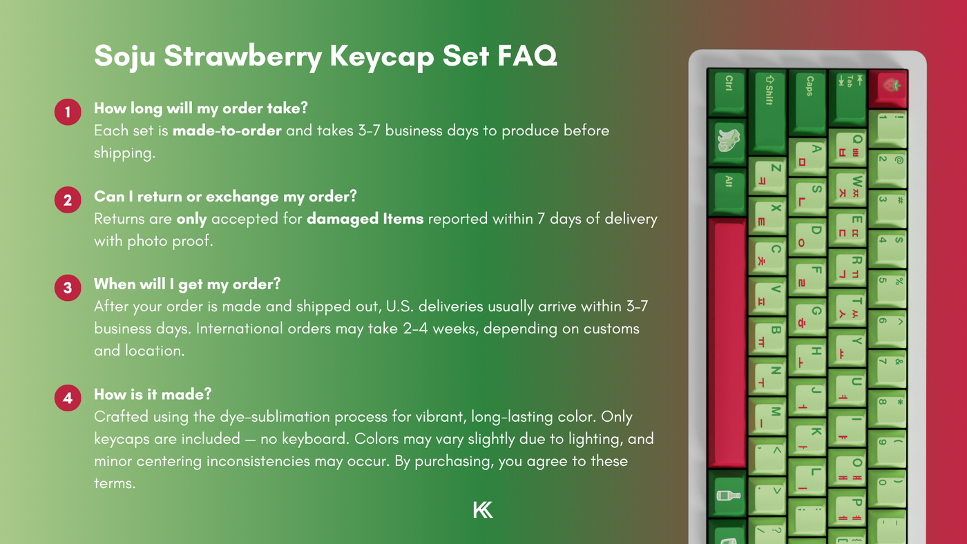Informational FAQ and disclaimer image for the Strawberry Soju Keycap Set showing details about manufacturing time, shipping and delivery, return or exchange options, and production method.