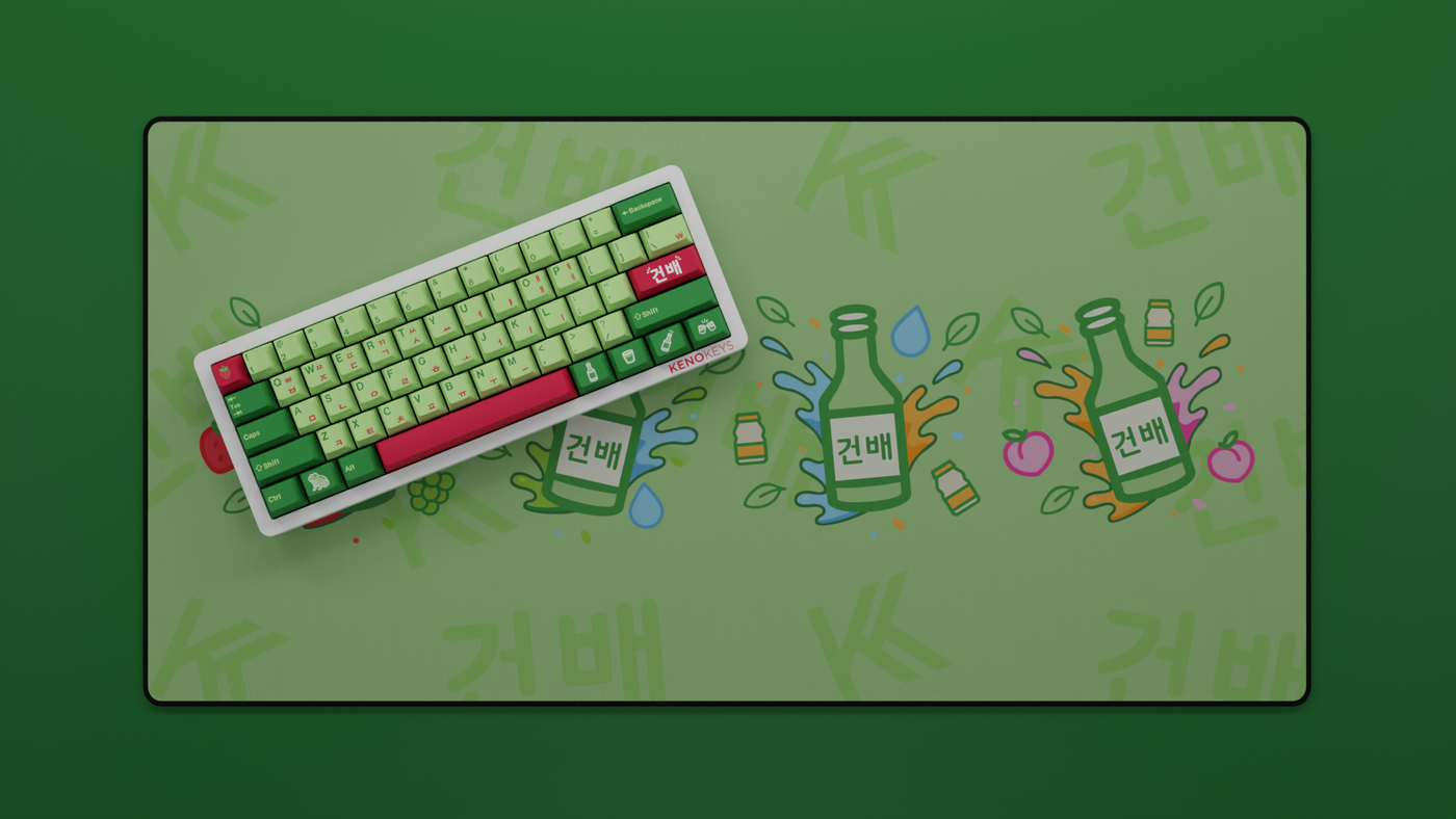 Strawberry Soju Keycap Set displayed with the full Soju deskmat, showcasing vibrant red Cherry profile PBT keycaps alongside a matching themed deskmat for a cohesive, aesthetic setup.