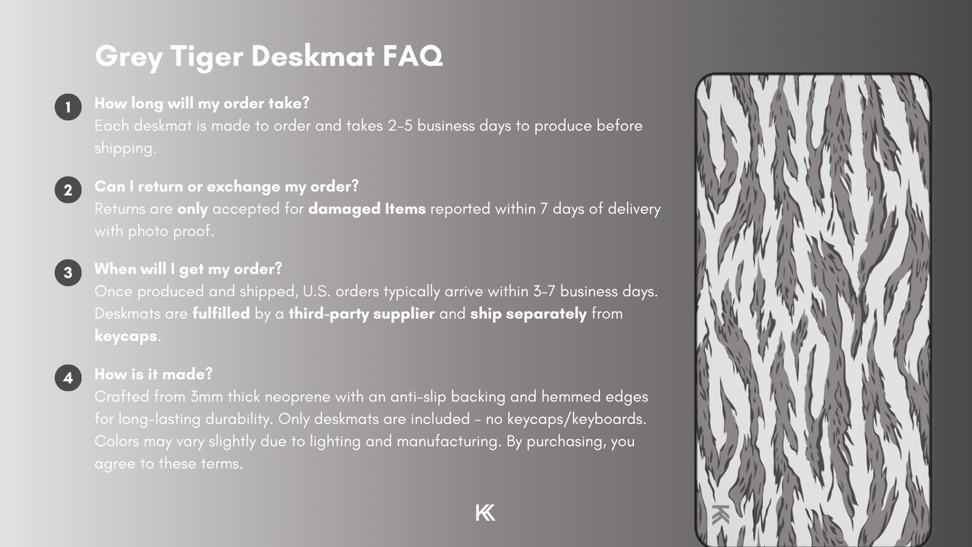 Winter Tiger Camo Deskmat FAQ graphic detailing production times, fulfillment process, return and exchange policies, and manufacturing details.