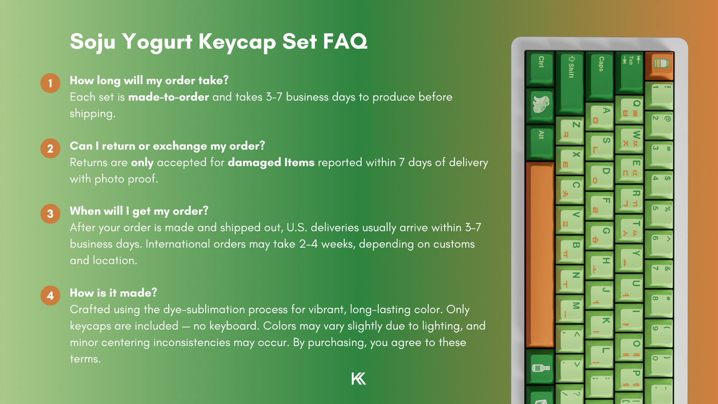 FAQ and disclaimer infographic for the Yogurt Soju Keycap Set detailing production time, delivery timeline, return and exchange process, and how the keycaps are crafted.