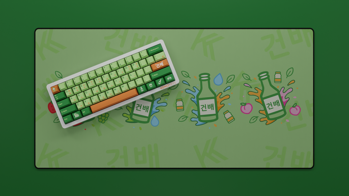 Yogurt Soju Keycap Set displayed with the full Soju deskmat, featuring warm orange Cherry profile PBT keycaps paired with a coordinated themed deskmat for a bright, playful desk setup.