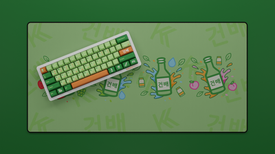 Yogurt Soju Keycap Set displayed with the full Soju deskmat, featuring warm orange Cherry profile PBT keycaps paired with a coordinated themed deskmat for a bright, playful desk setup.