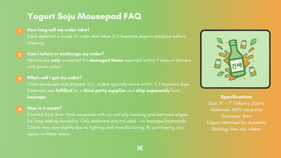 Yogurt Soju Mini Mousepad FAQ graphic detailing production time, fulfillment process, return and exchange policy, and how each mousepad is made.
