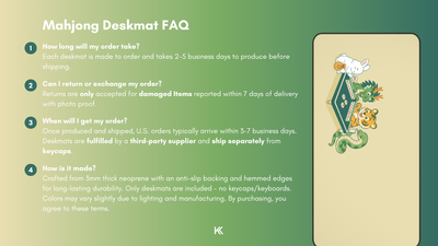 Zodiac Mahjong Deskmat FAQ graphic detailing production time, fulfillment process, return and exchange policies, and how each deskmat is made.