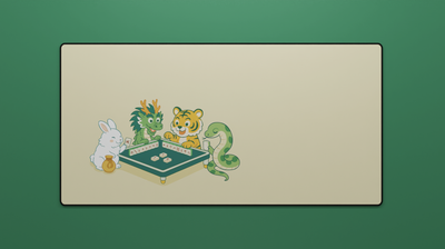 Full view of the Zodiac Mahjong Deskmat featuring the Rabbit, Dragon, Tiger, and Snake playing mahjong on a beige background with green details.