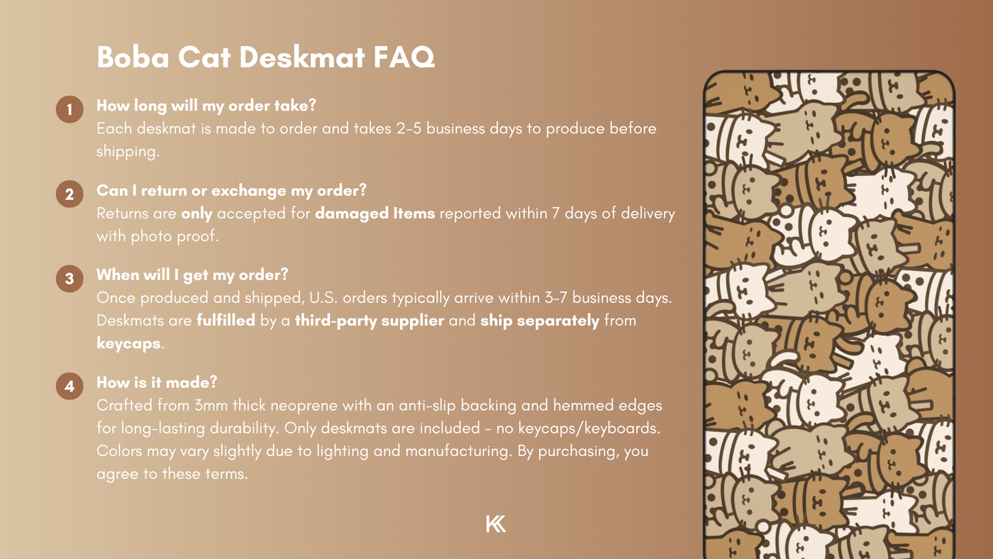 Boba Cat Deskmat FAQ graphic detailing production time, delivery process, return and exchange policies, and manufacturing details.