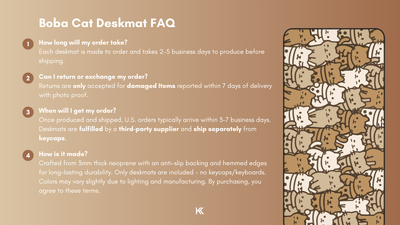 Boba Cat Deskmat FAQ graphic detailing production time, delivery process, return and exchange policies, and manufacturing details.